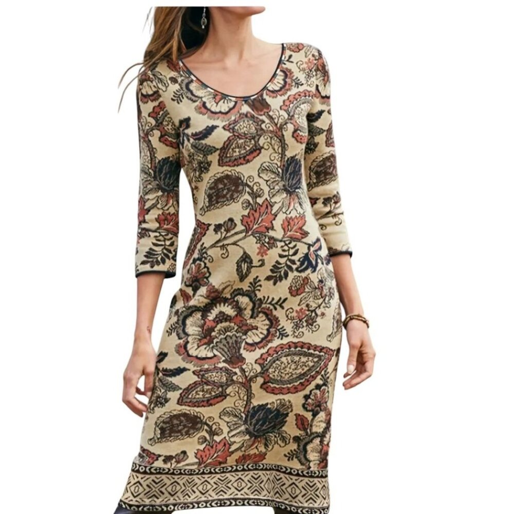 Peruvian Connection Floral Stretch Pima Cotton Bodycon Sweater Dress, Peru, Sz S